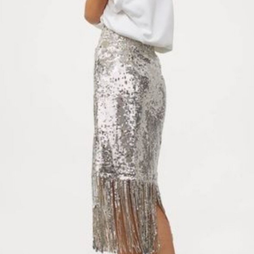 H&M Silver Sequin Fringe Pencil Skirt